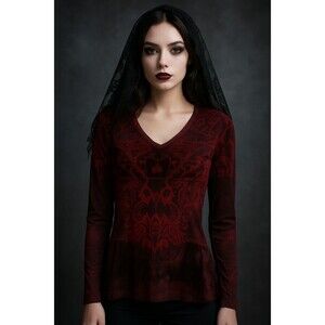 Romantic Goth Fairy Red Black Long Sleeve Velvet Burnout Blouse Renaissance Sz M